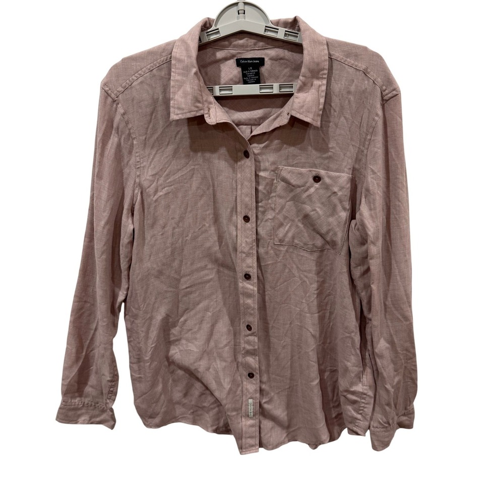 Calvin Klein Jeans Womens L Mauve Pink Button Down Long Sleeve Shirt Pocket Top